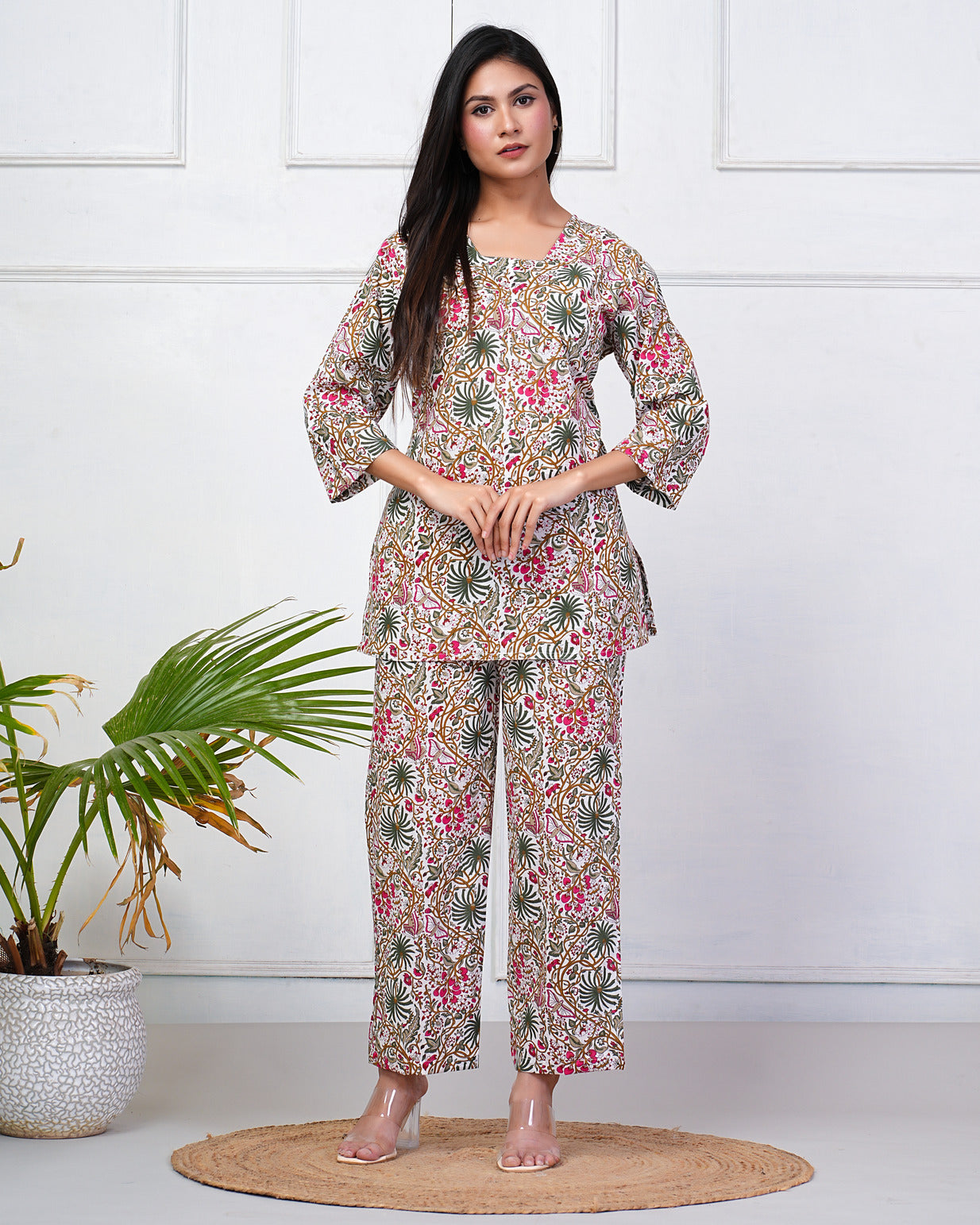 White With Multicolor Floral Print Cotton Night Suit