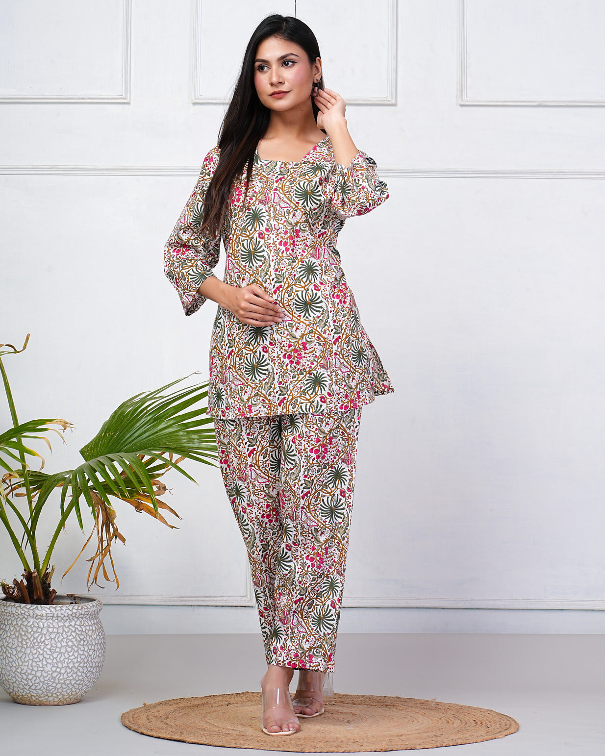 White With Multicolor Floral Print Cotton Night Suit