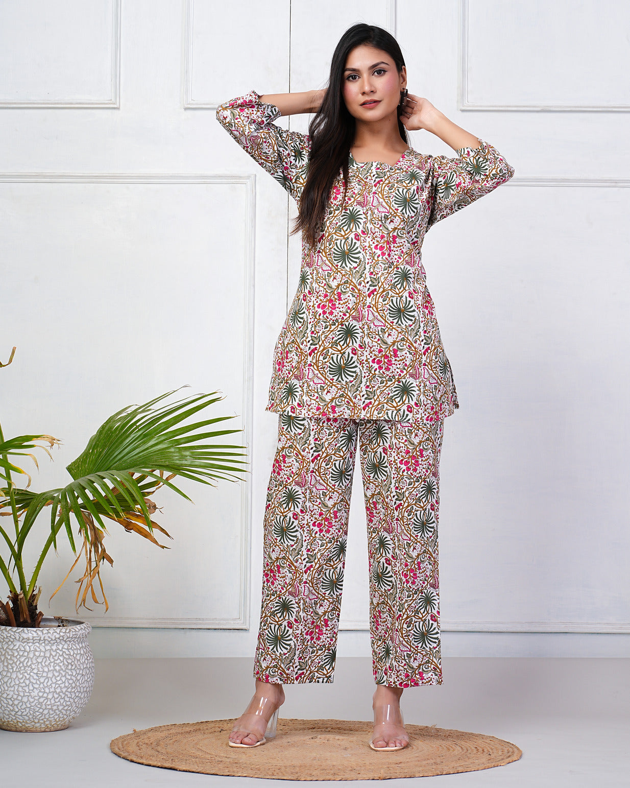 White With Multicolor Floral Print Cotton Night Suit