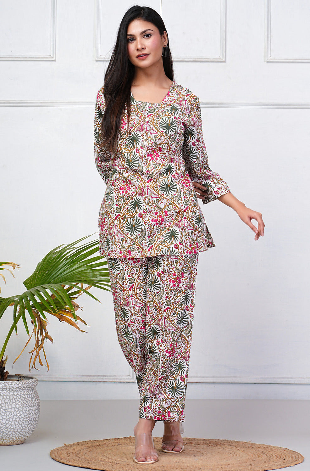 White With Multicolor Floral Print Cotton Night Suit