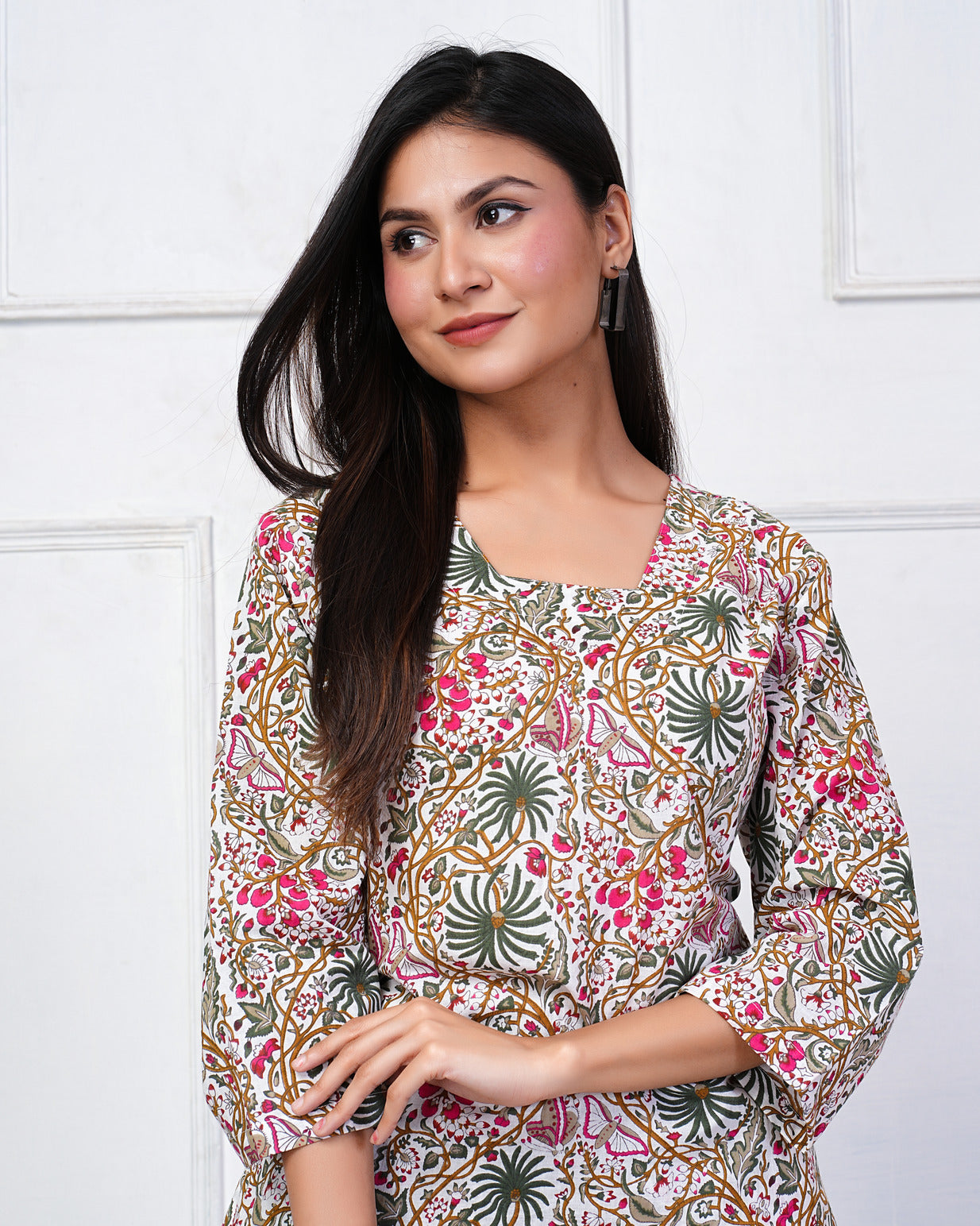 White With Multicolor Floral Print Cotton Night Suit