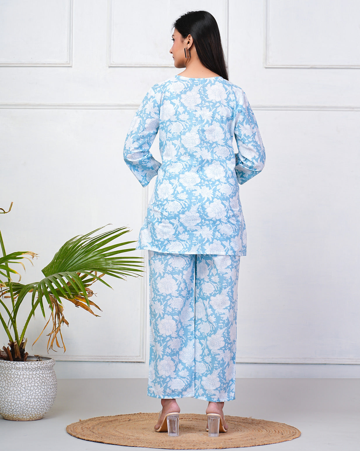 Sky Blue With White Floral Printed Cotton Night Suit