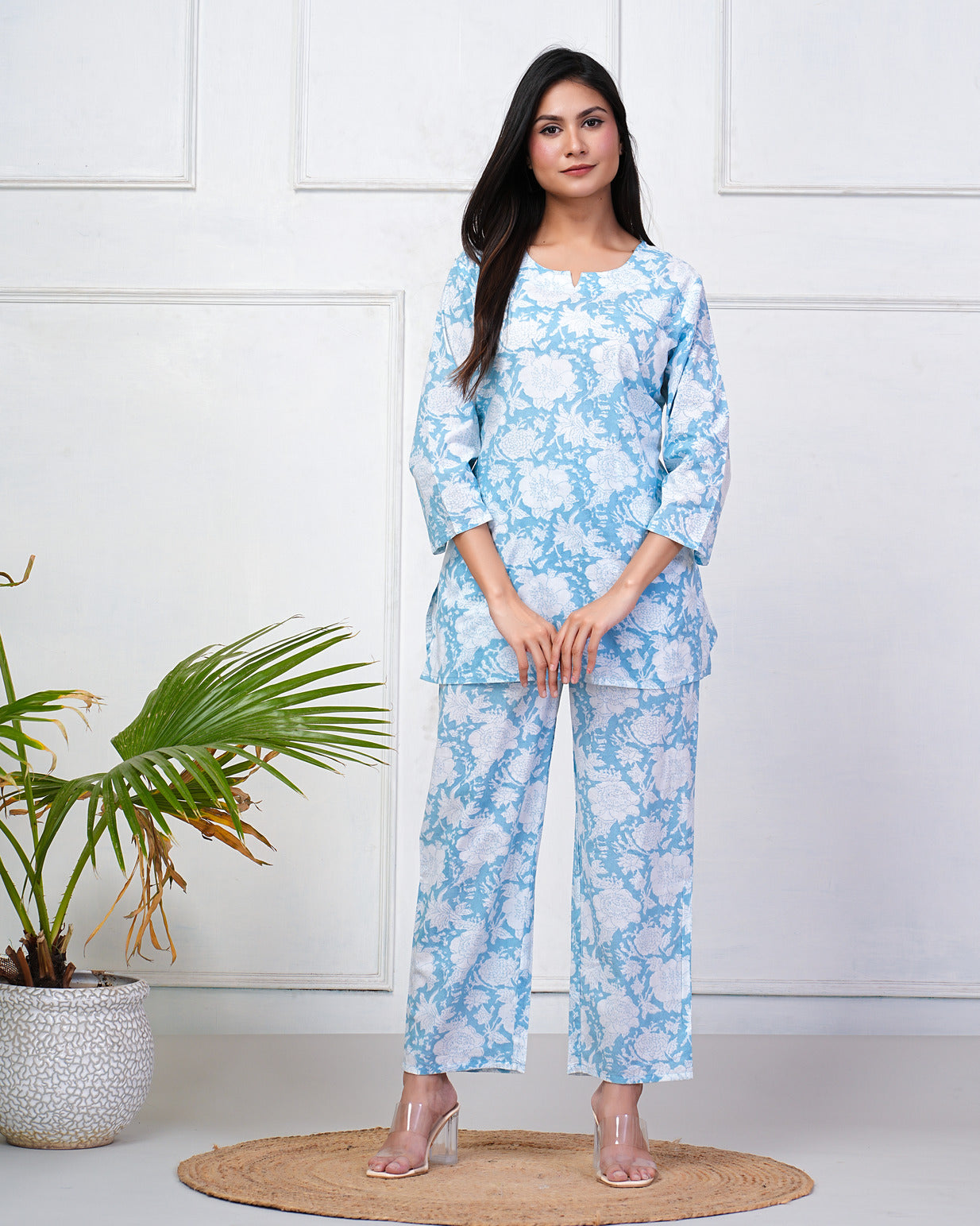 Sky Blue With White Floral Printed Cotton Night Suit