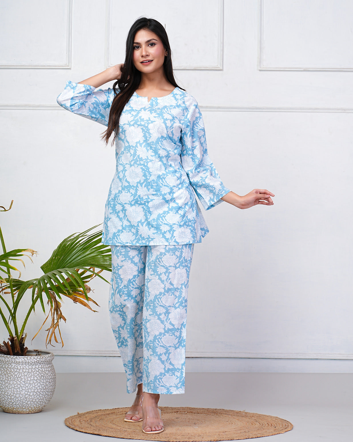 Sky Blue With White Floral Printed Cotton Night Suit