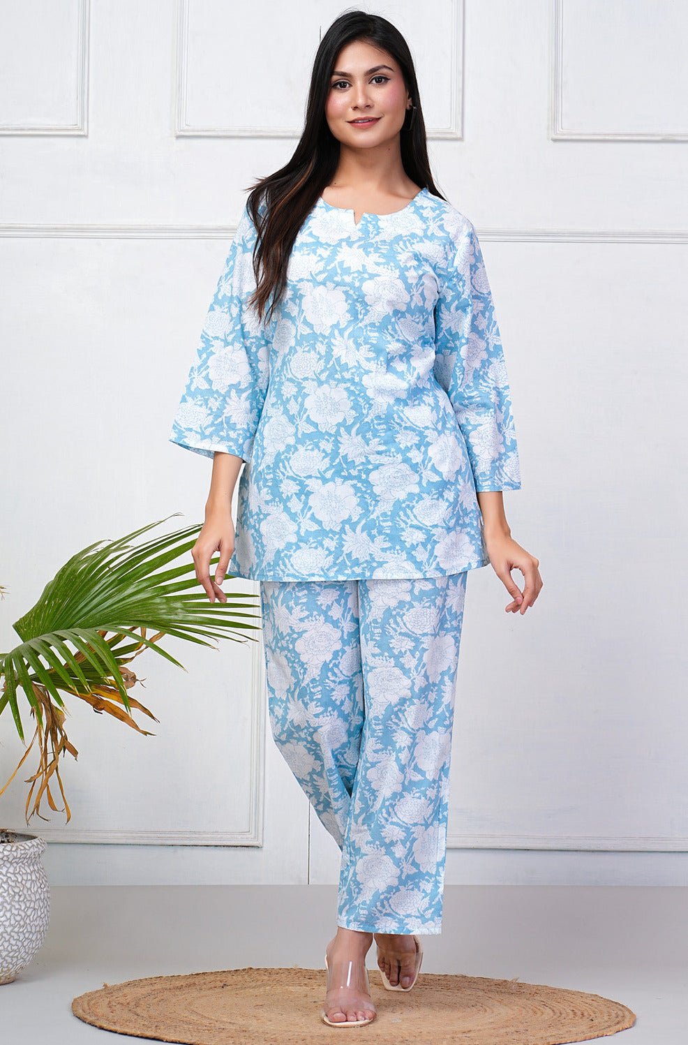 Sky Blue With White Floral Printed Cotton Night Suit