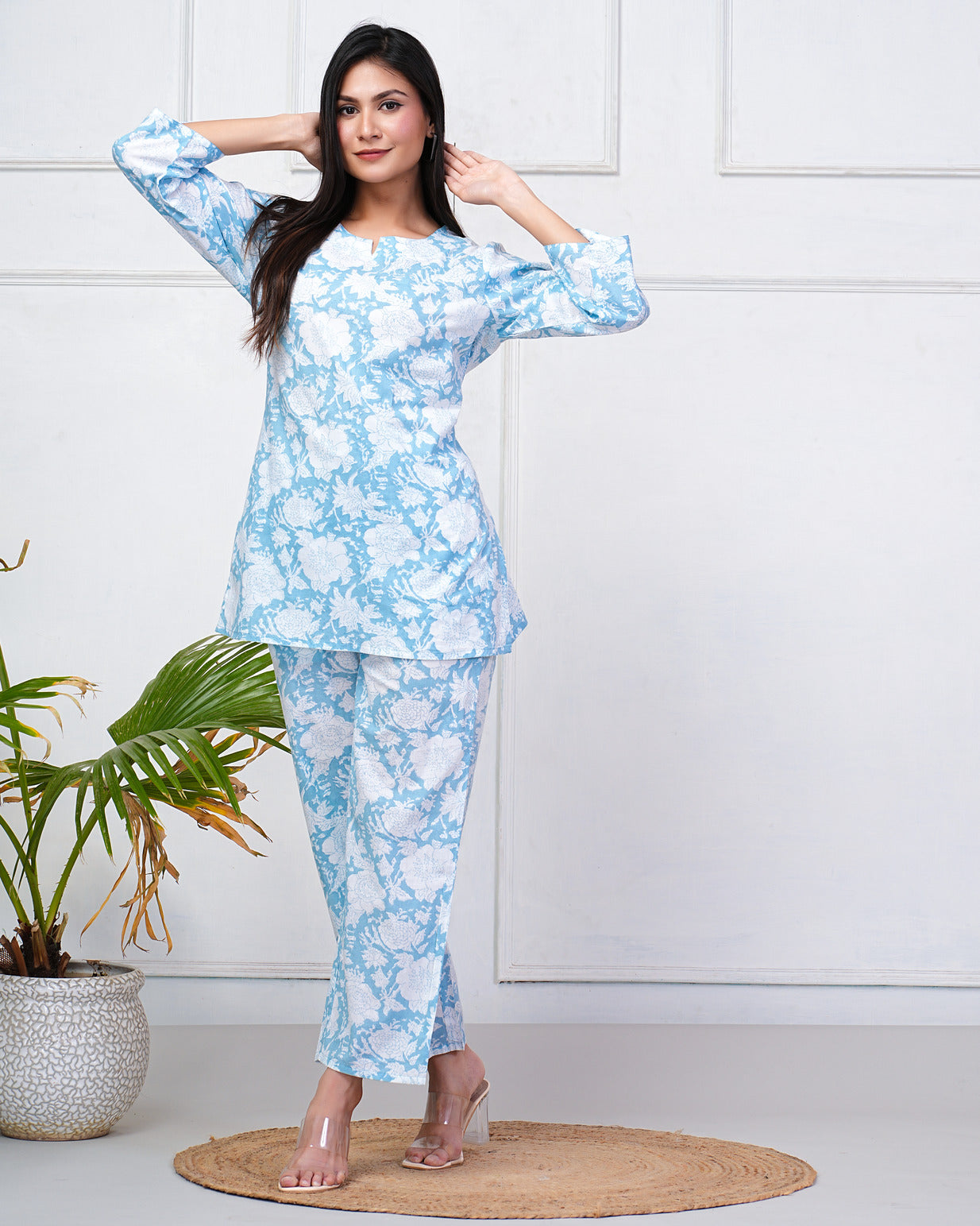 Sky Blue With White Floral Printed Cotton Night Suit