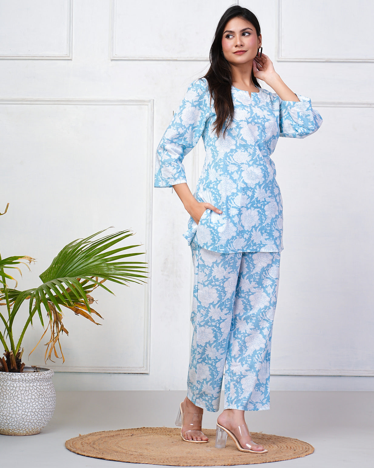 Sky Blue With White Floral Printed Cotton Night Suit