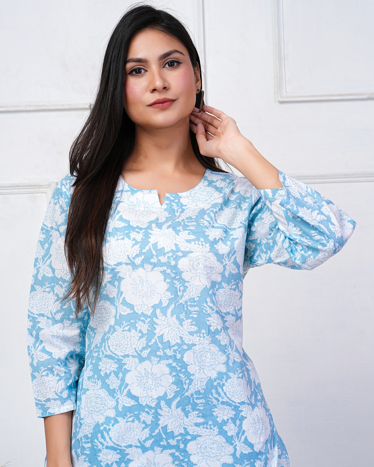 Sky Blue With White Floral Printed Cotton Night Suit