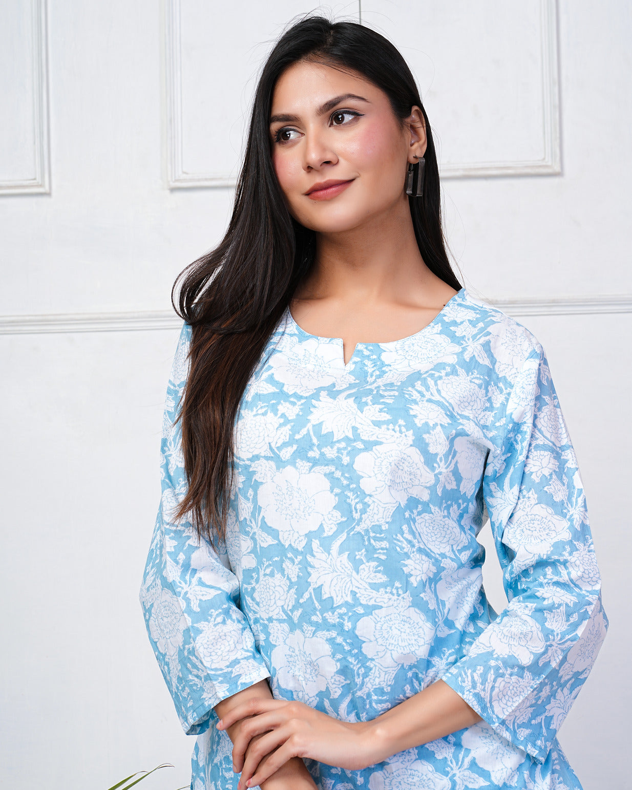 Sky Blue With White Floral Printed Cotton Night Suit