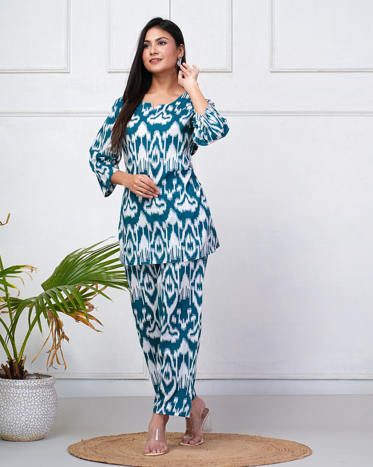 Bottle Green With White Ikkat Print Cotton Night Suit