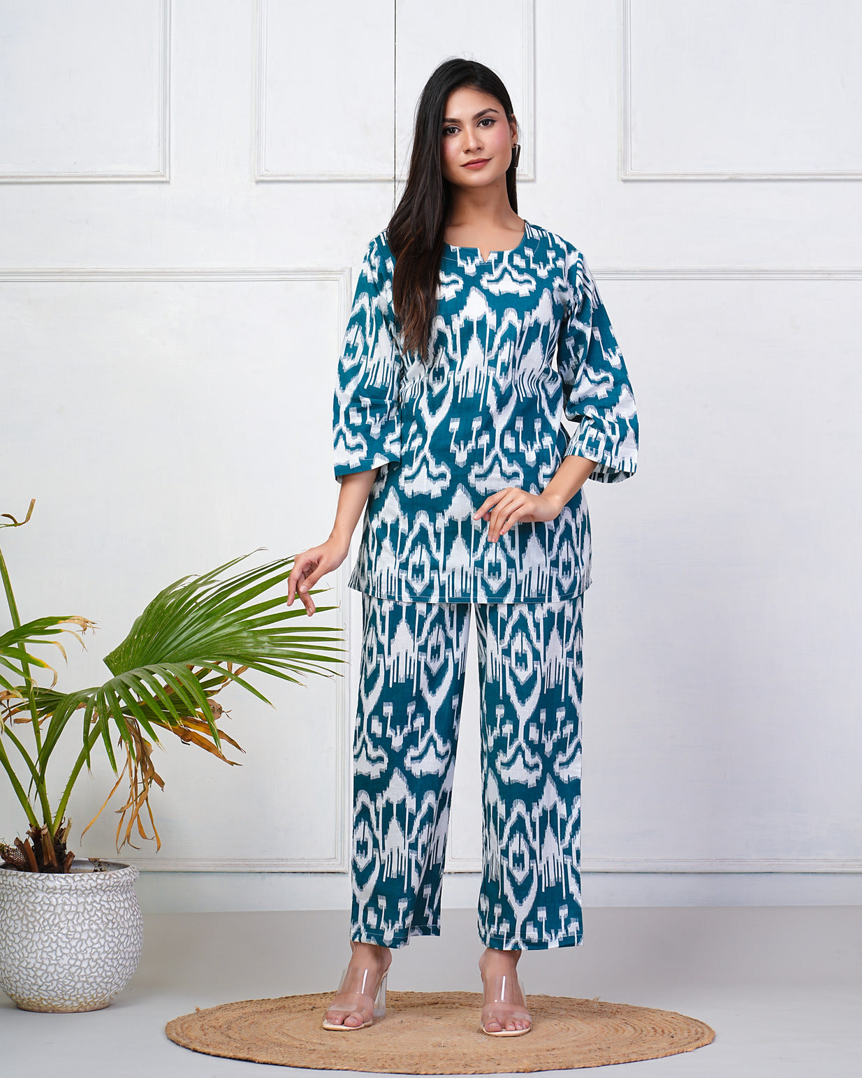 Bottle Green With White Ikkat Print Cotton Night Suit