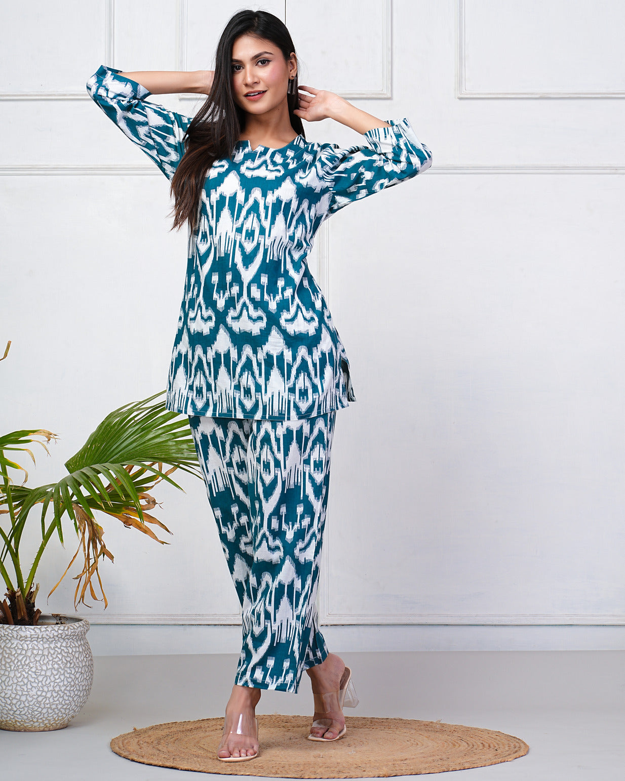 Bottle Green With White Ikkat Print Cotton Night Suit