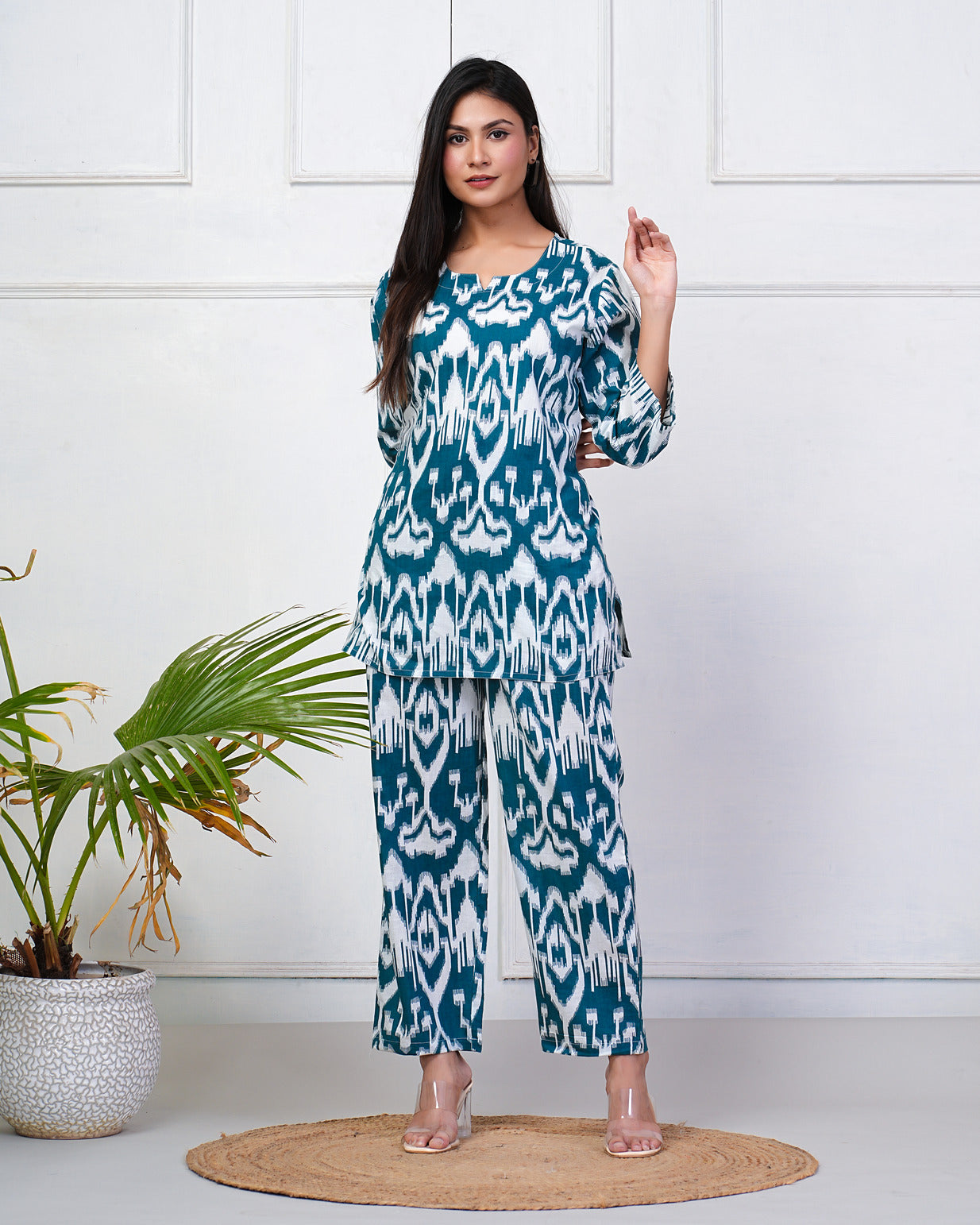 Bottle Green With White Ikkat Print Cotton Night Suit