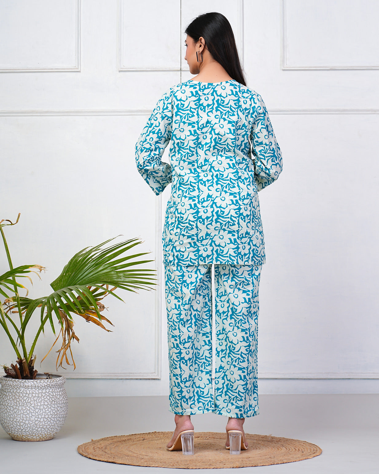 Turquoise With White Floral Print Cotton Night Suit