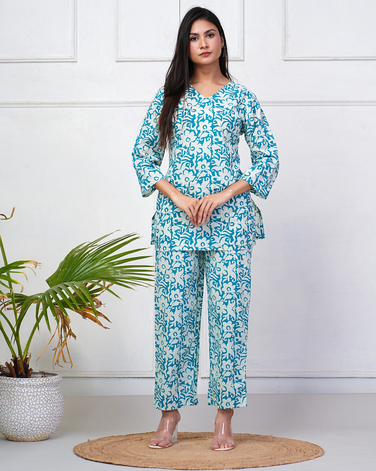 Turquoise With White Floral Print Cotton Night Suit