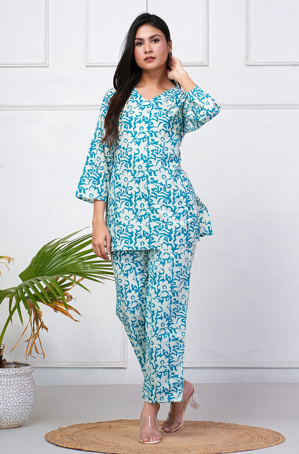 Turquoise With White Floral Print Cotton Night Suit