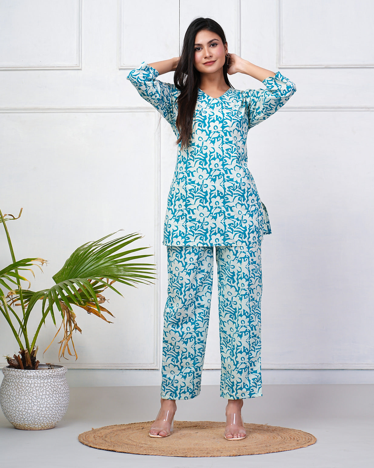 Turquoise With White Floral Print Cotton Night Suit