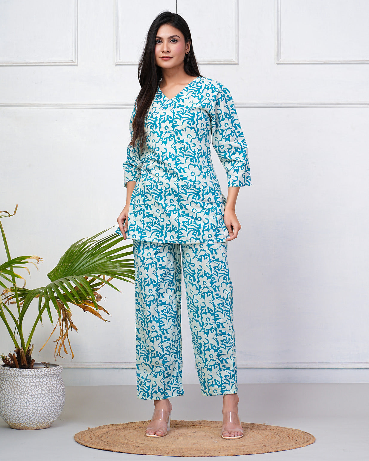 Turquoise With White Floral Print Cotton Night Suit