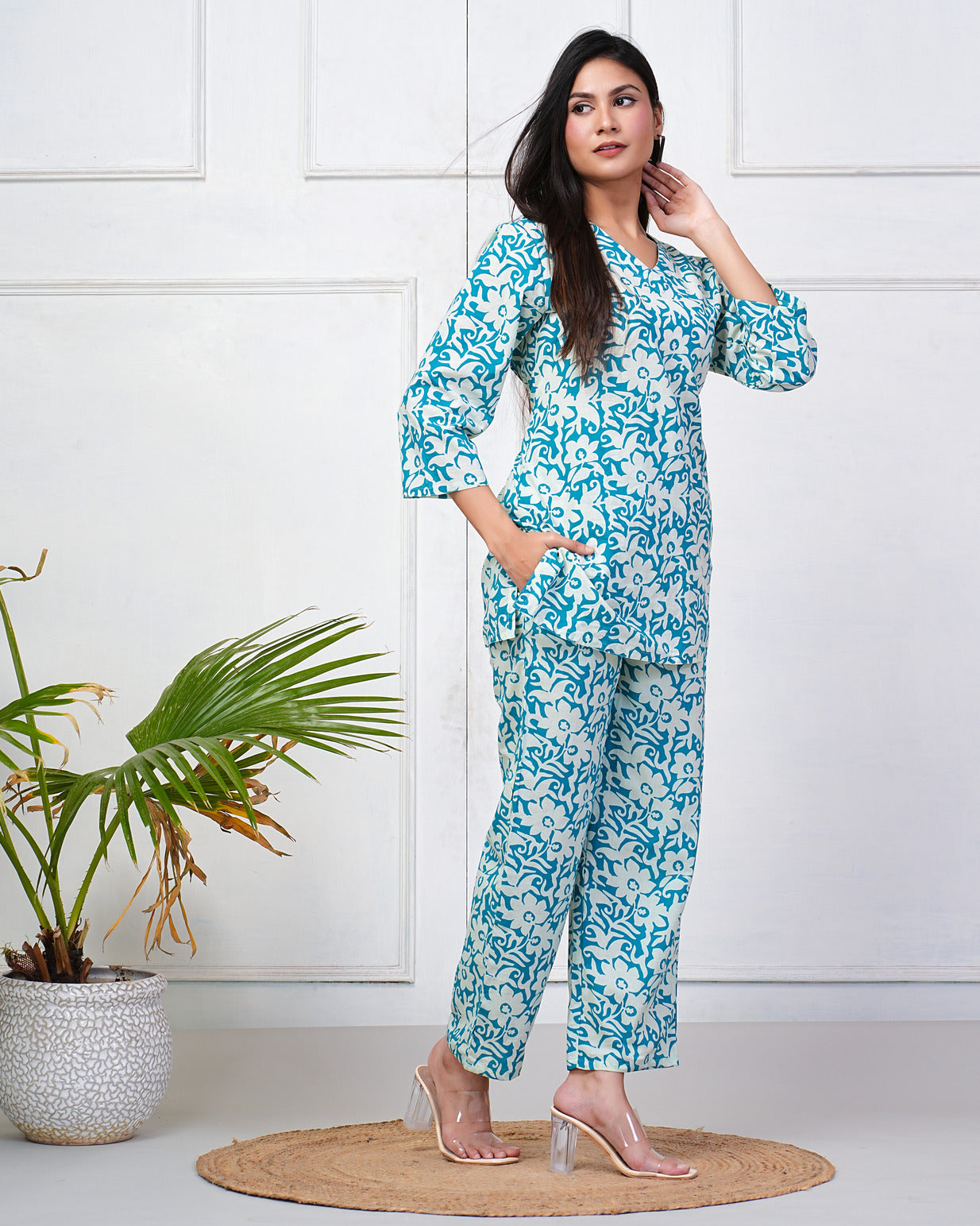 Turquoise With White Floral Print Cotton Night Suit