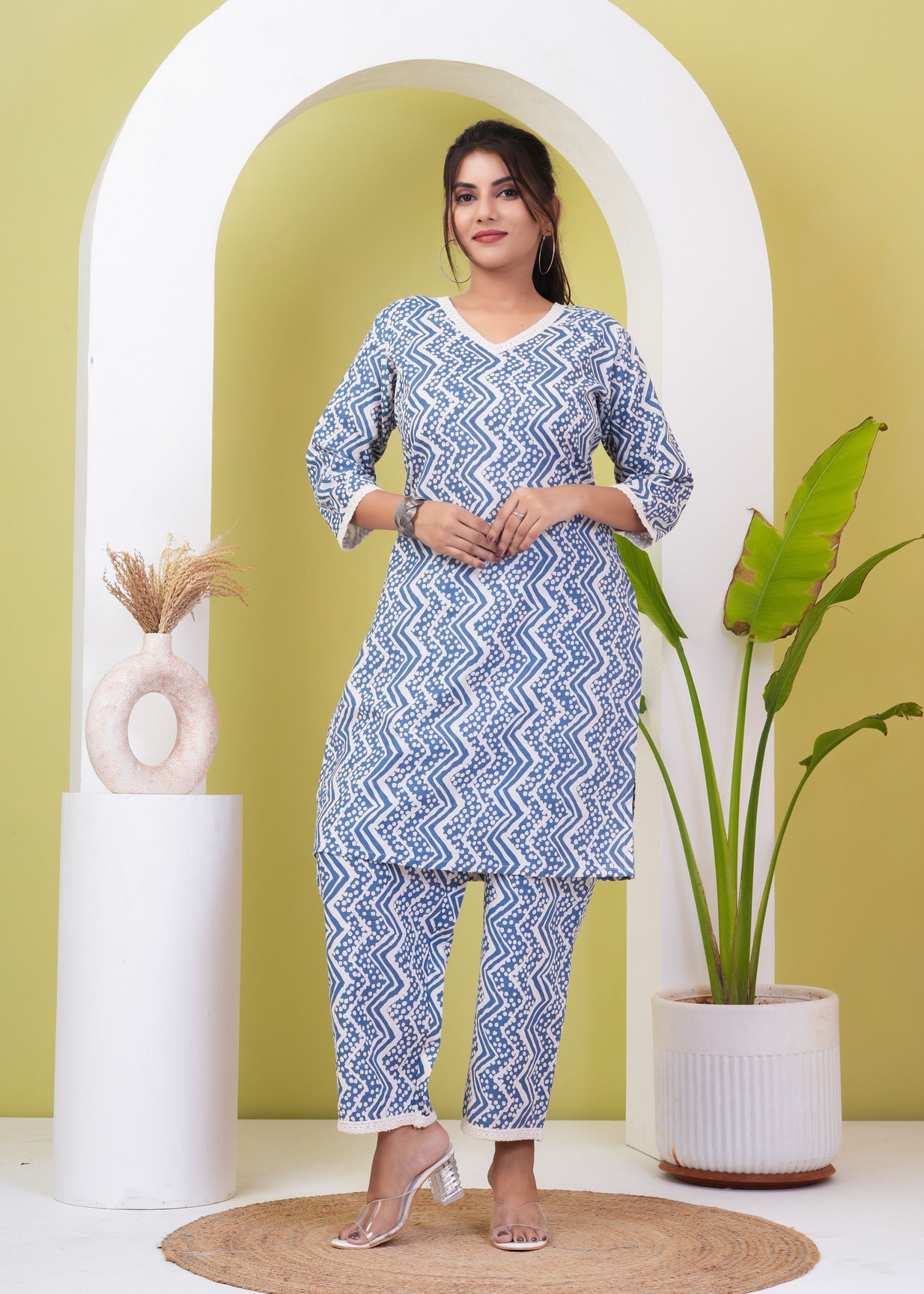 Blue With White Zigzag Printed Cotton Kurti Set