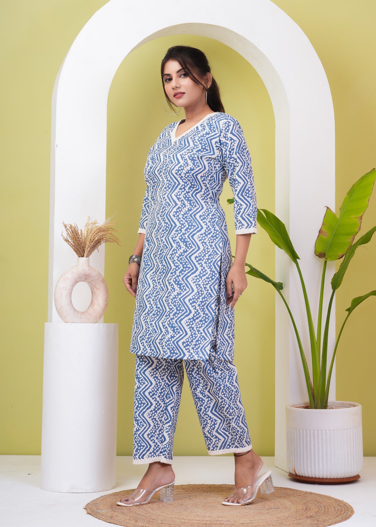 Blue With White Zigzag Printed Cotton Kurti Set