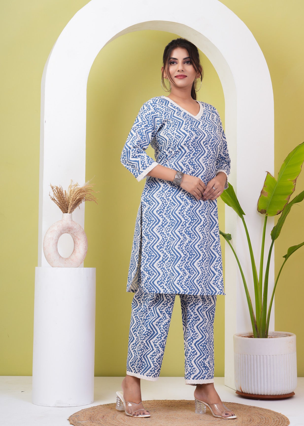 Blue With White Zigzag Printed Cotton Kurti Set