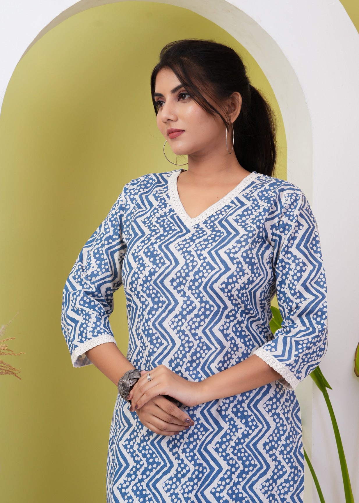 Blue With White Zigzag Printed Cotton Kurti Set