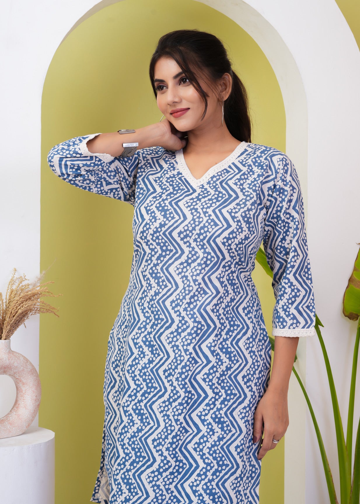 Blue With White Zigzag Printed Cotton Kurti Set