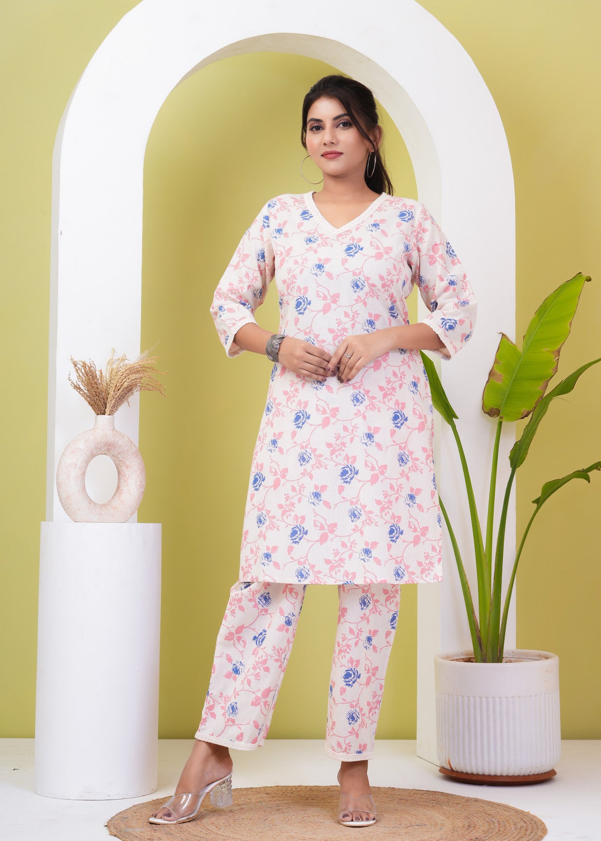 White With Multicolor Floral Printed Cotton Kurti Set