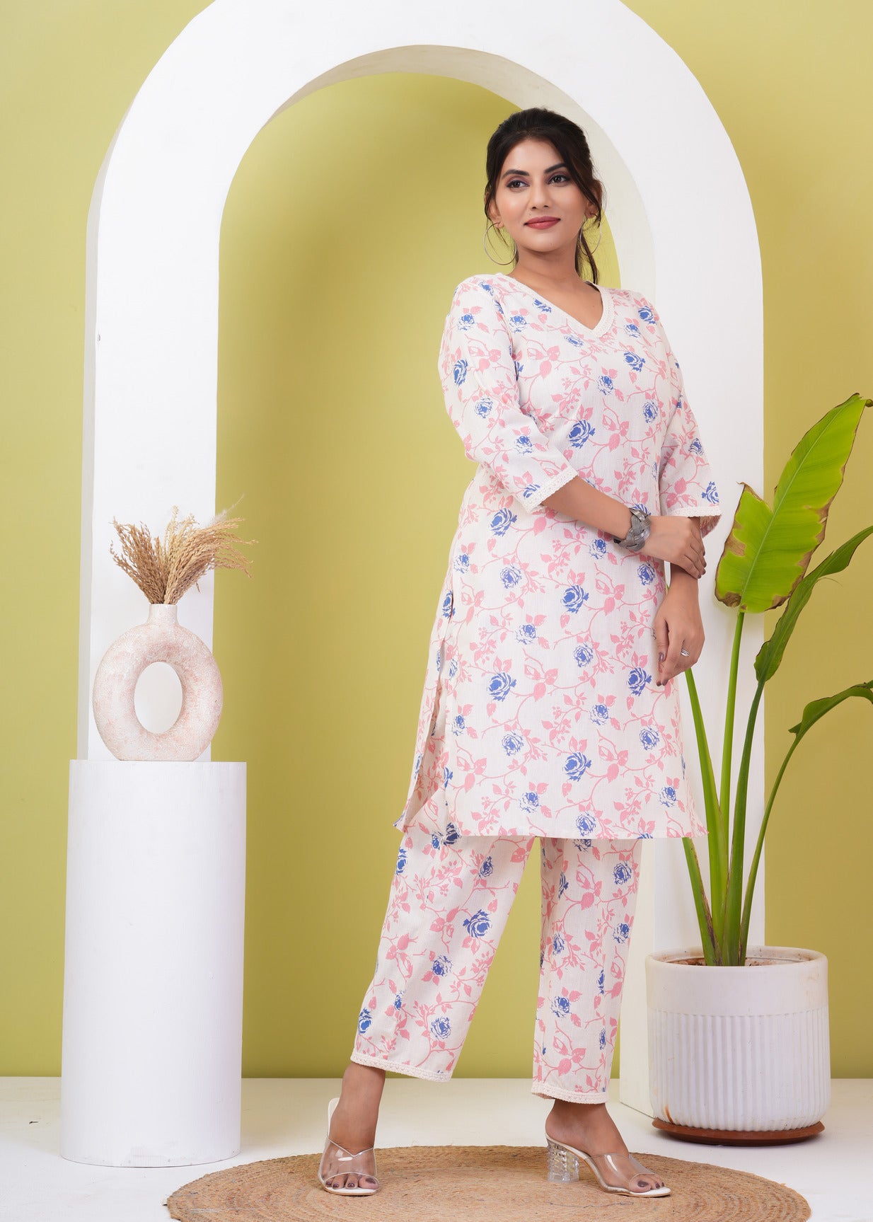 White With Multicolor Floral Printed Cotton Kurti Set