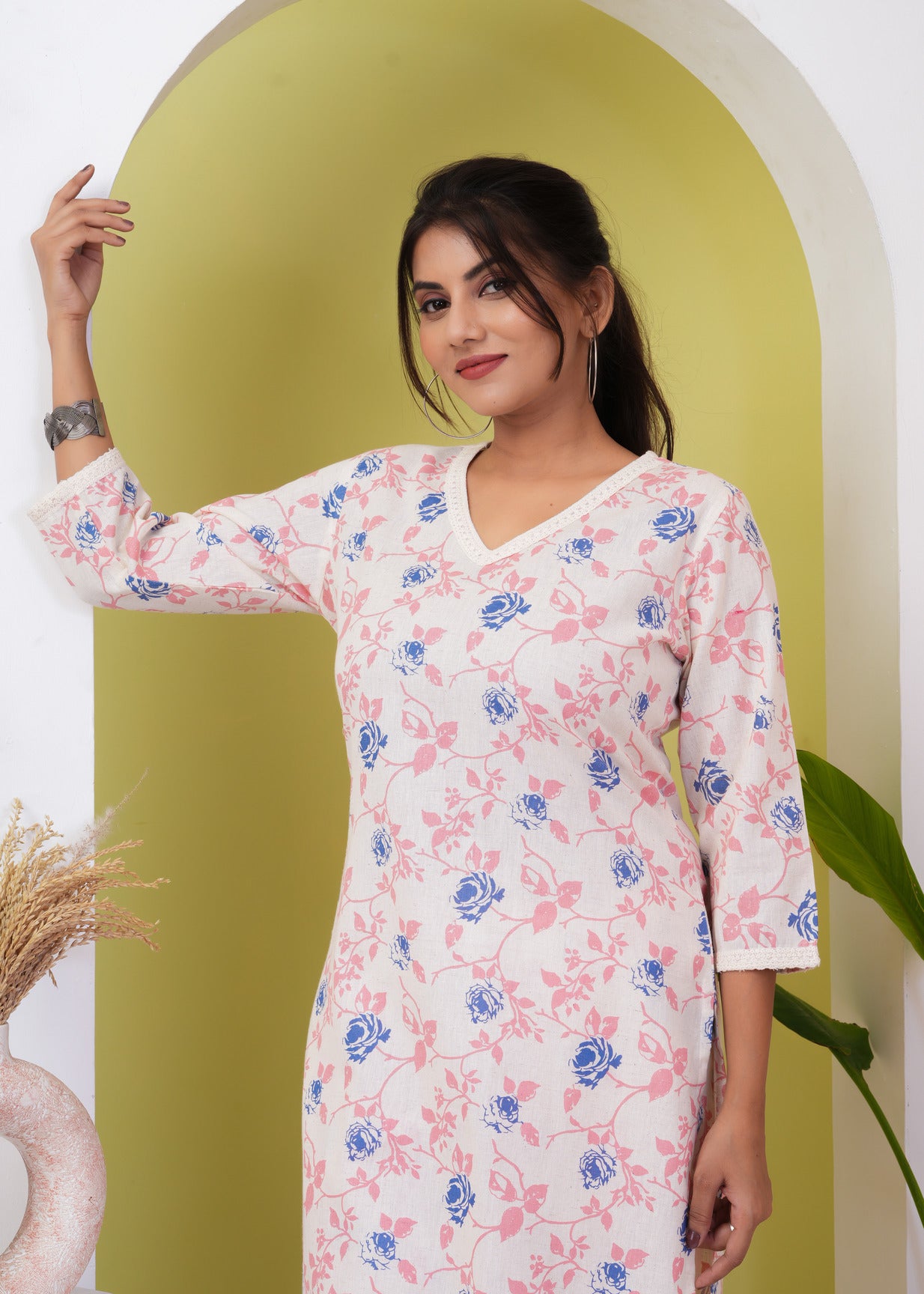 White With Multicolor Floral Printed Cotton Kurti Set