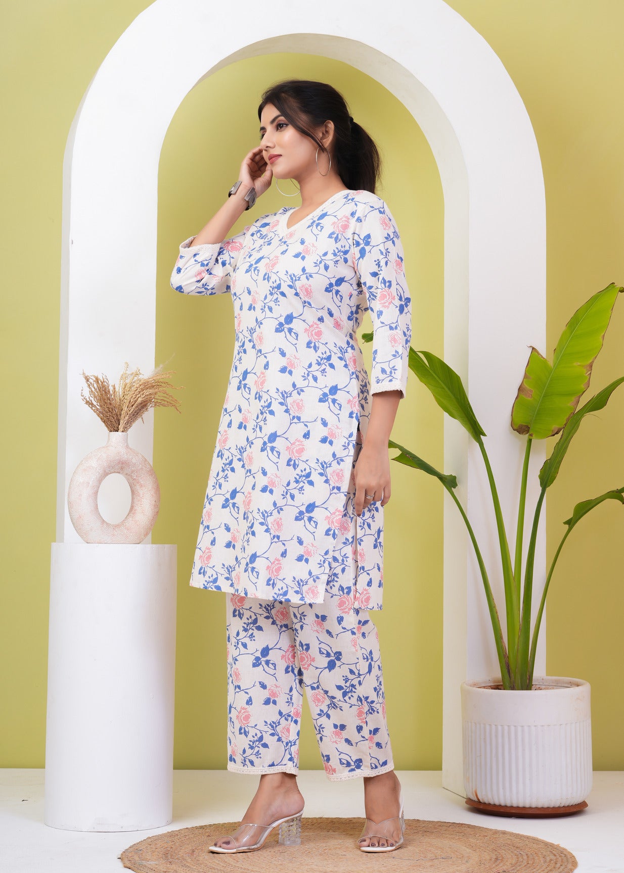 White With Blue Floral Printed Cotton Kurti Set