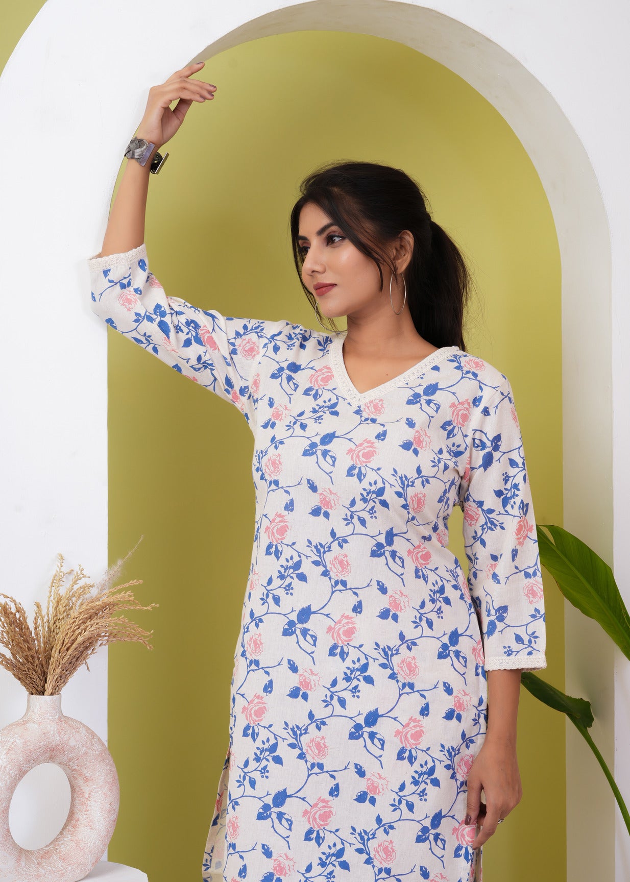 White With Blue Floral Printed Cotton Kurti Set