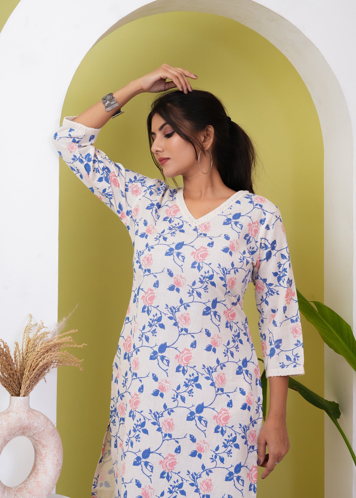 White With Blue Floral Printed Cotton Kurti Set