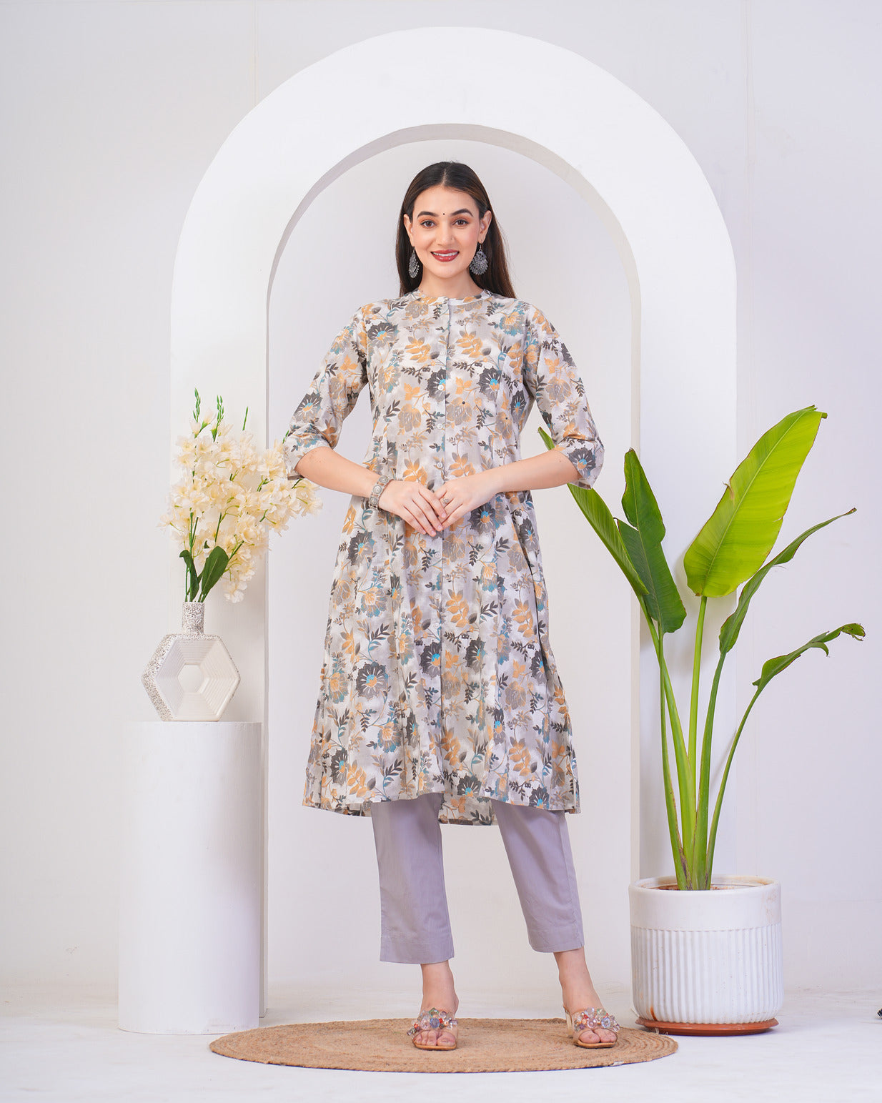 White With Silver Shades Floral Print Cotton Kurti