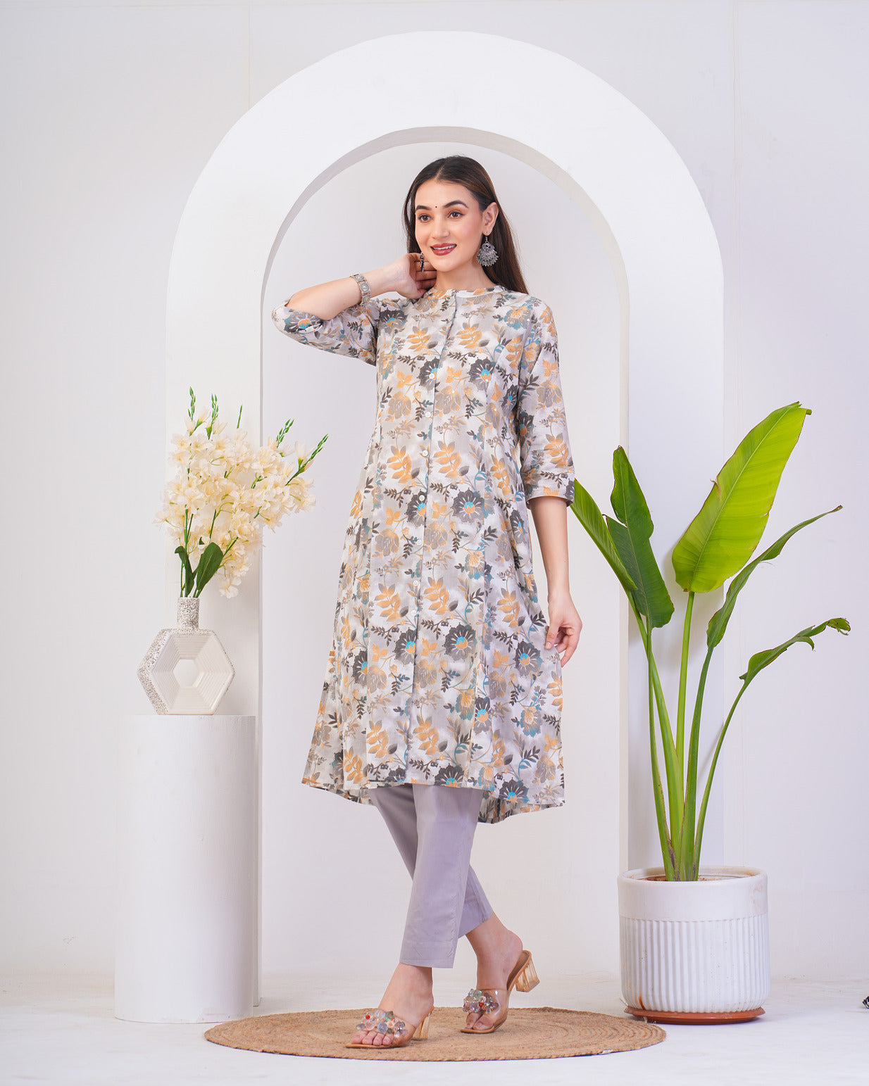 White With Silver Shades Floral Print Cotton Kurti