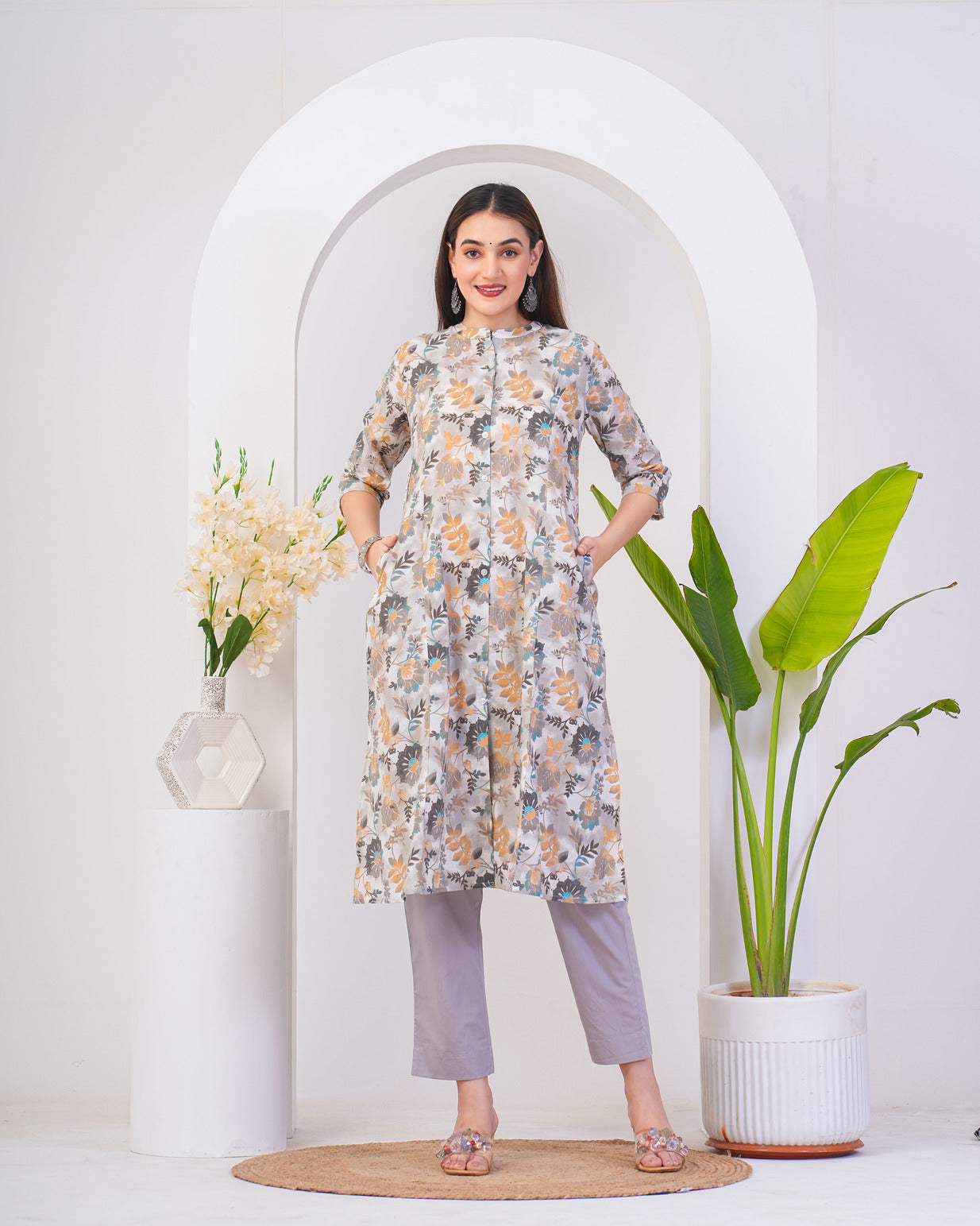 White With Silver Shades Floral Print Cotton Kurti