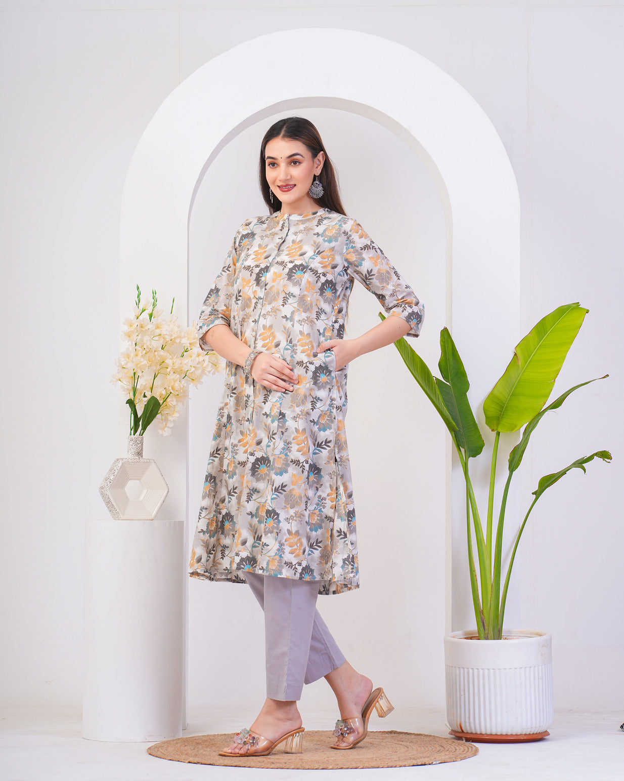 White With Silver Shades Floral Print Cotton Kurti