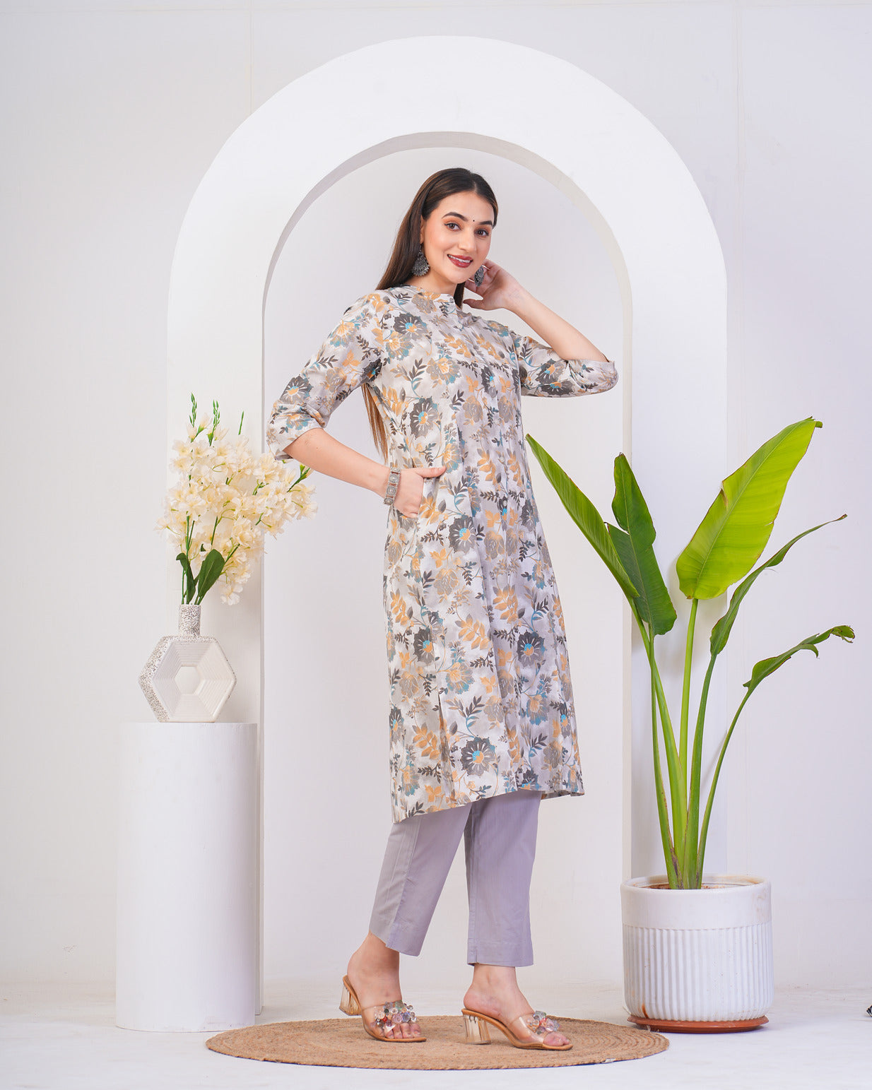 White With Silver Shades Floral Print Cotton Kurti