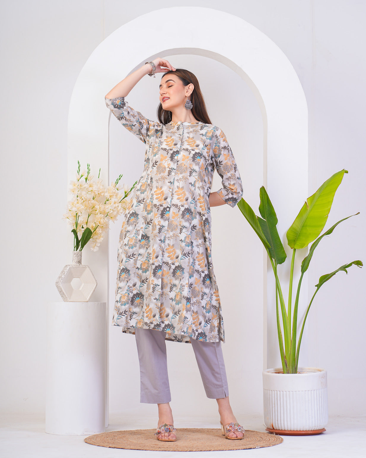 White With Silver Shades Floral Print Cotton Kurti