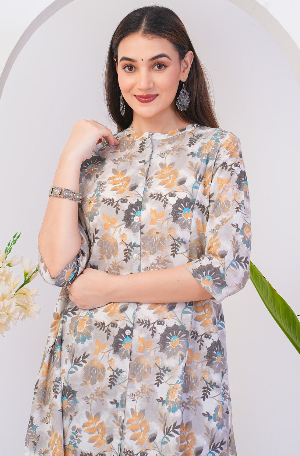 White With Silver Shades Floral Print Cotton Kurti