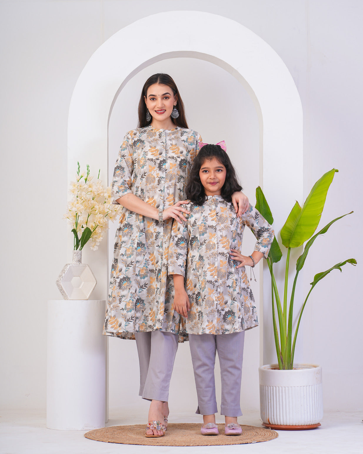 White With Silver Shades Floral Print Cotton Kurti