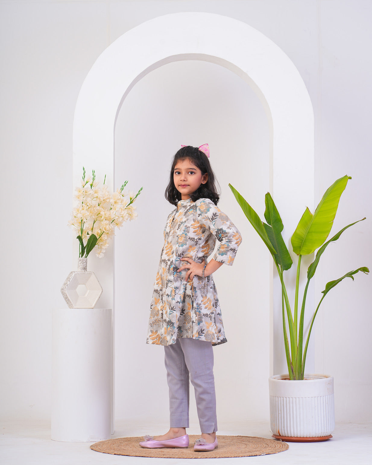 White With Silver Shades Floral Print Cotton Kurti