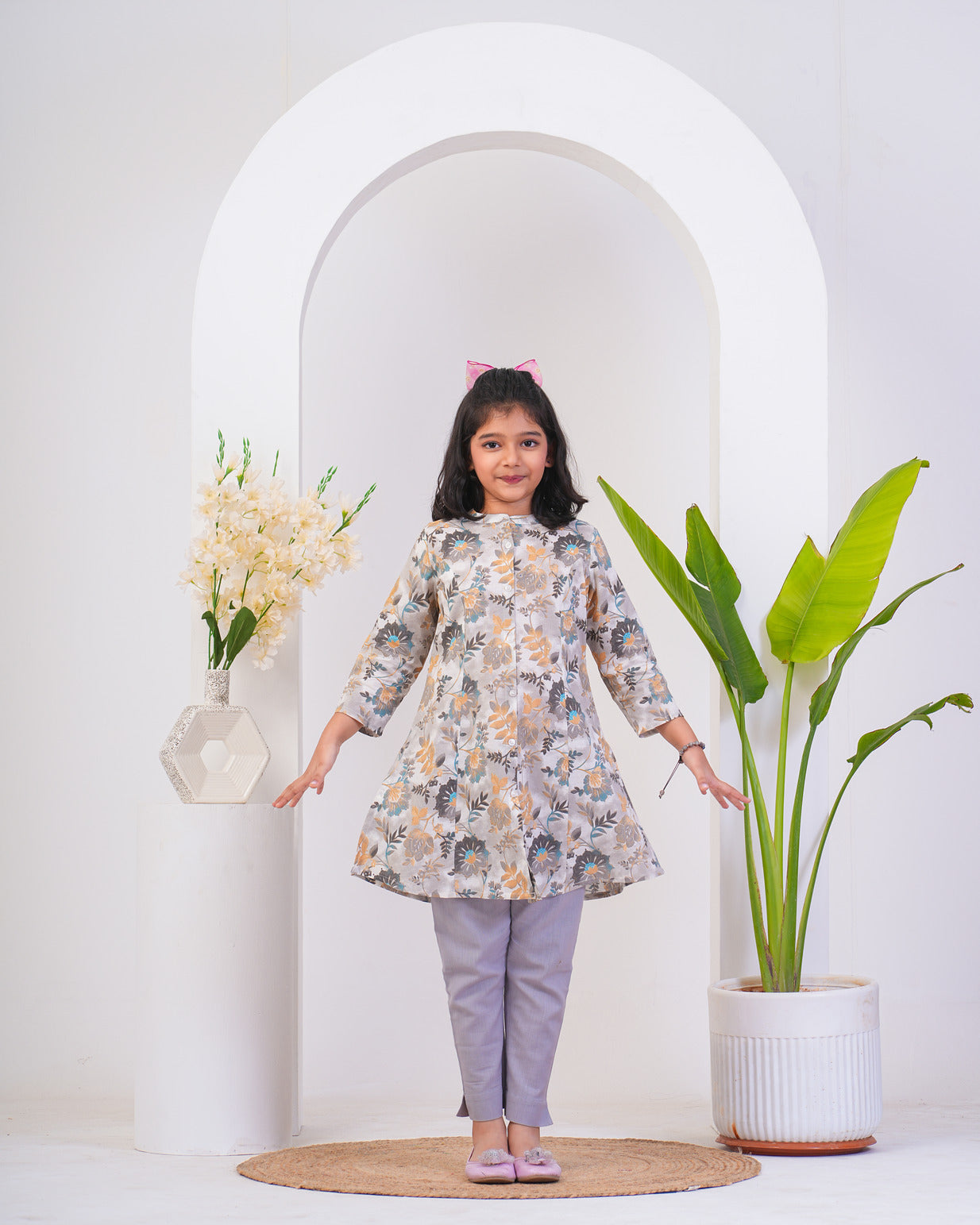 White With Silver Shades Floral Print Cotton Kurti