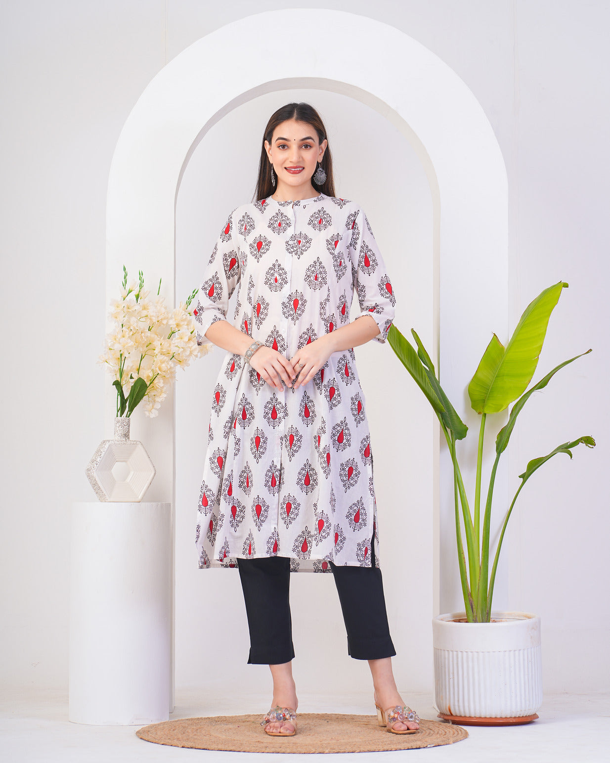 White With Floral Printed Cotton Kurti