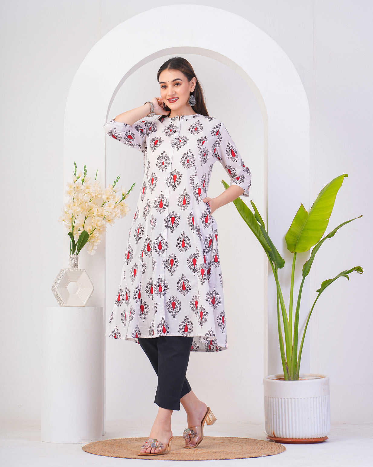 White With Floral Printed Cotton Kurti