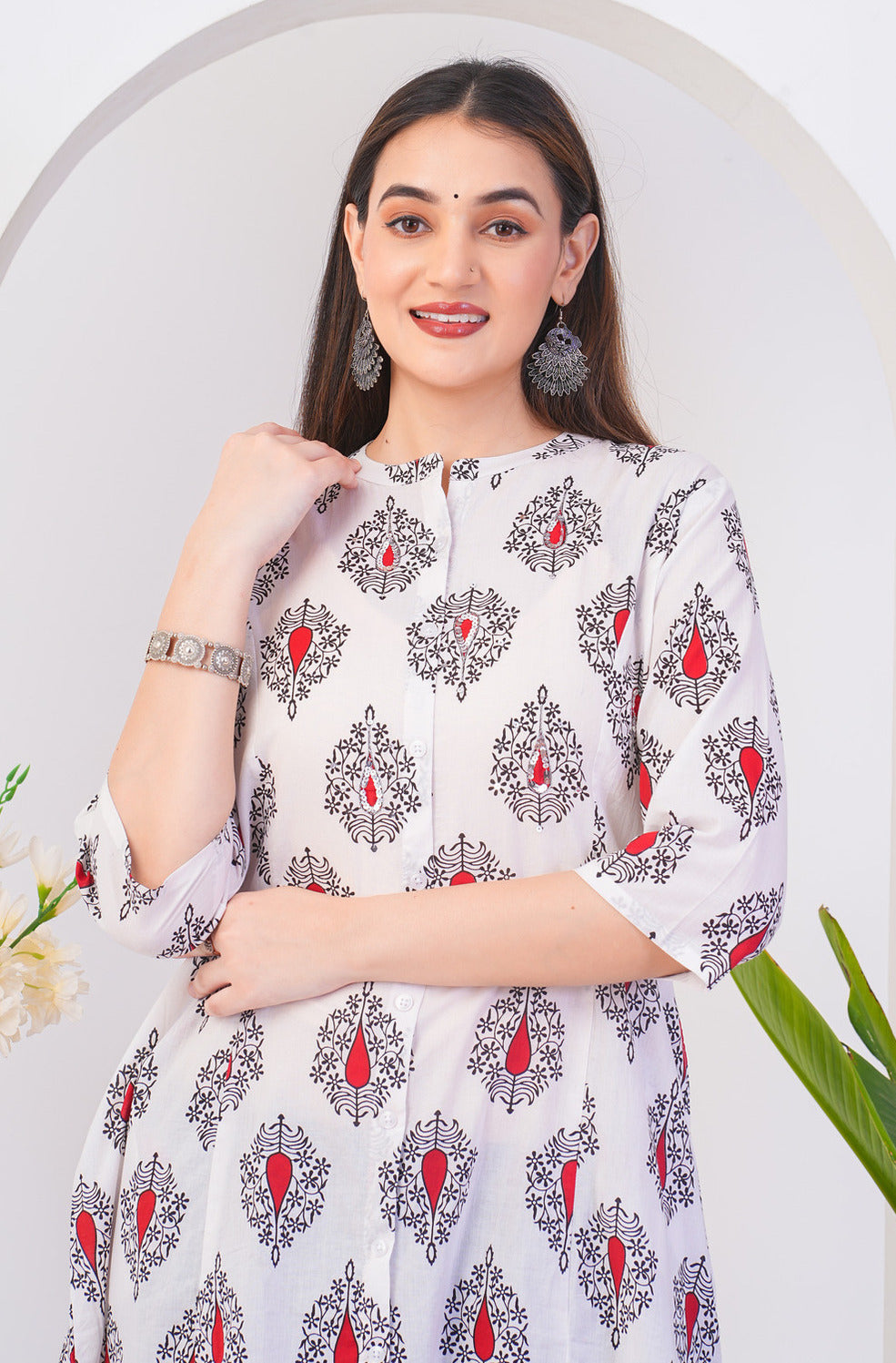 White With Floral Printed Cotton Kurti