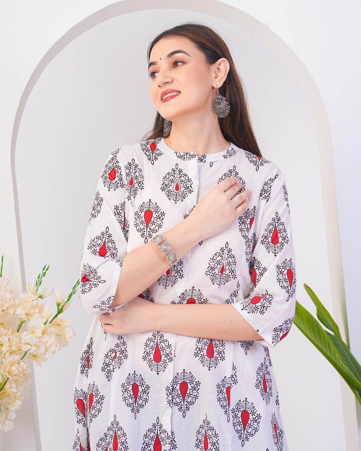 White With Floral Printed Cotton Kurti