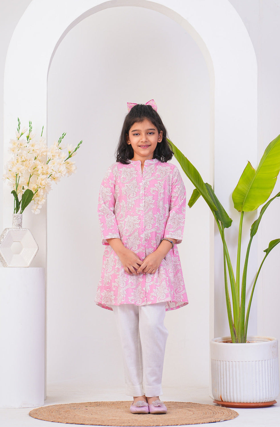 Pink With White Floral Printed Cotton Kurti