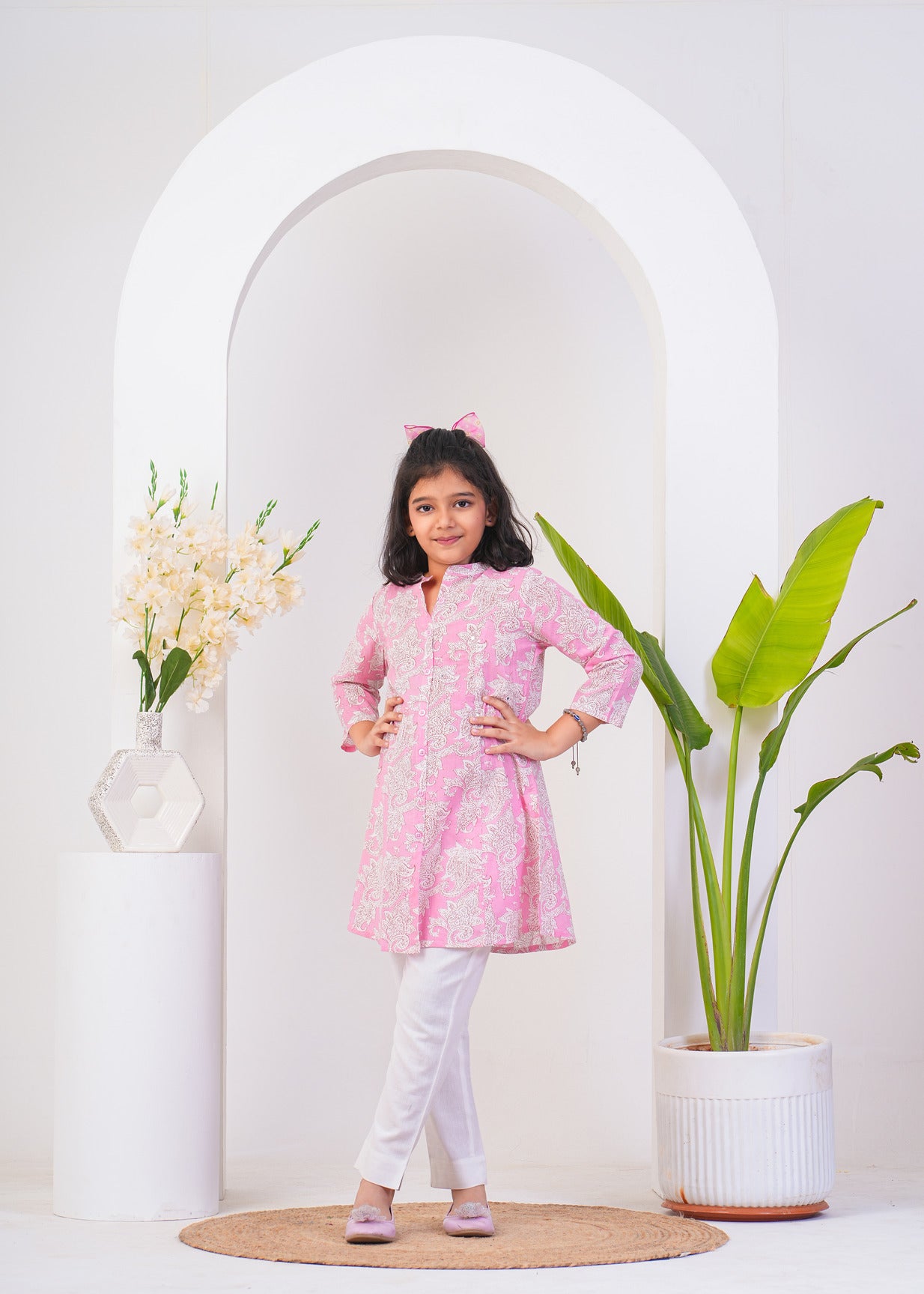 Pink With White Floral Printed Cotton Kurti